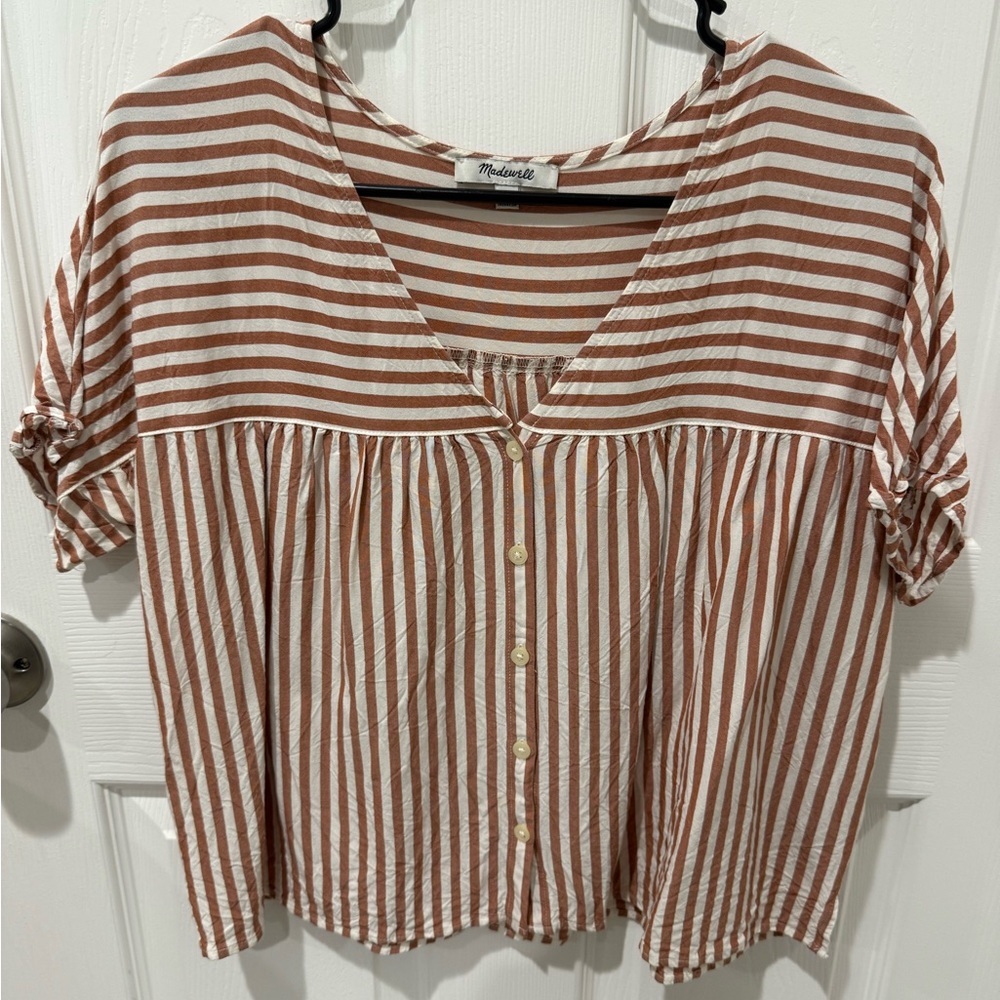 Madewell Rust and White Striped Button-Down Top